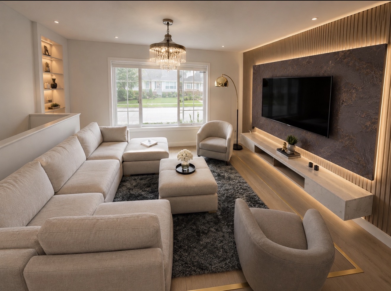 Custom living room with integrated architectural and accent lighting by Brens Electric