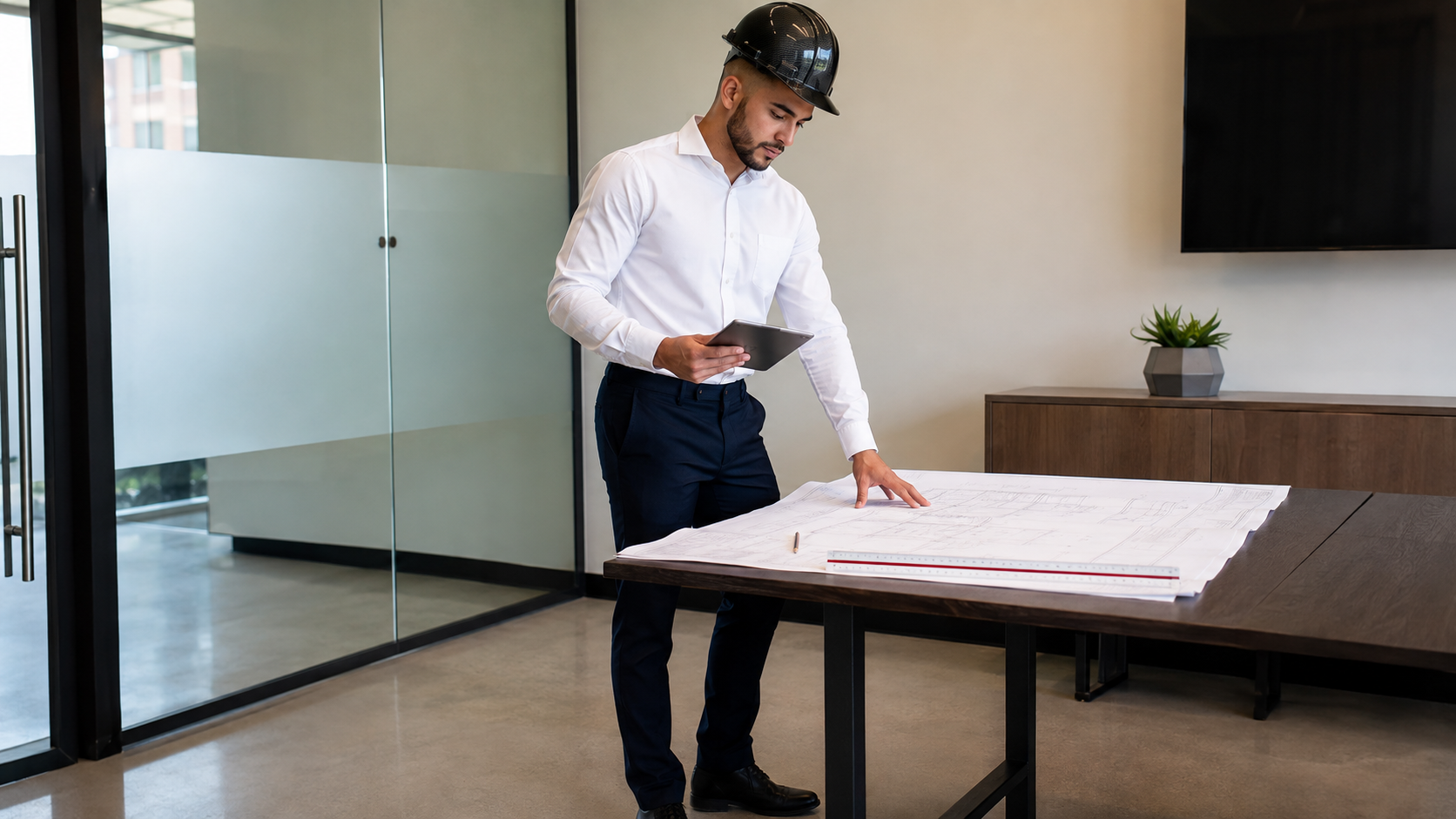 Young Latino electrical planning professional in a white shirt and black hard hat reviewing commercial service plans and utility coordination