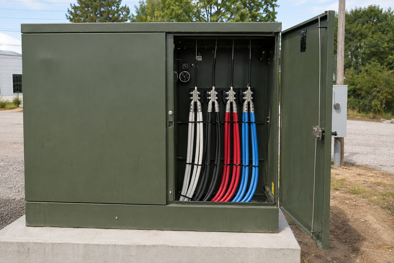 Completed pad-mounted transformer service with professionally dressed and secured phase conductors